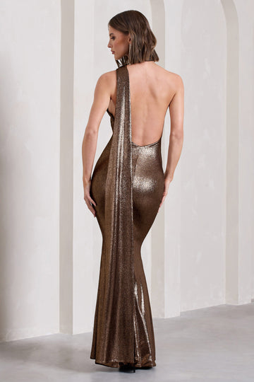 Strike Gold Bronze Metallic One Shoulder Low-Back Maxi Dress With Scarf